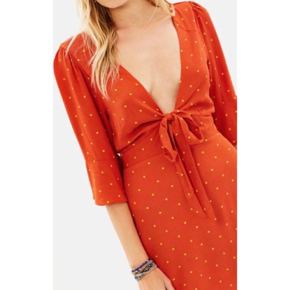 FREE PEOPLE 'All Yours' Flame Orange RED COMBO Polka DOT Ruffle BOHO Mini Dress - Picture 6 of 6